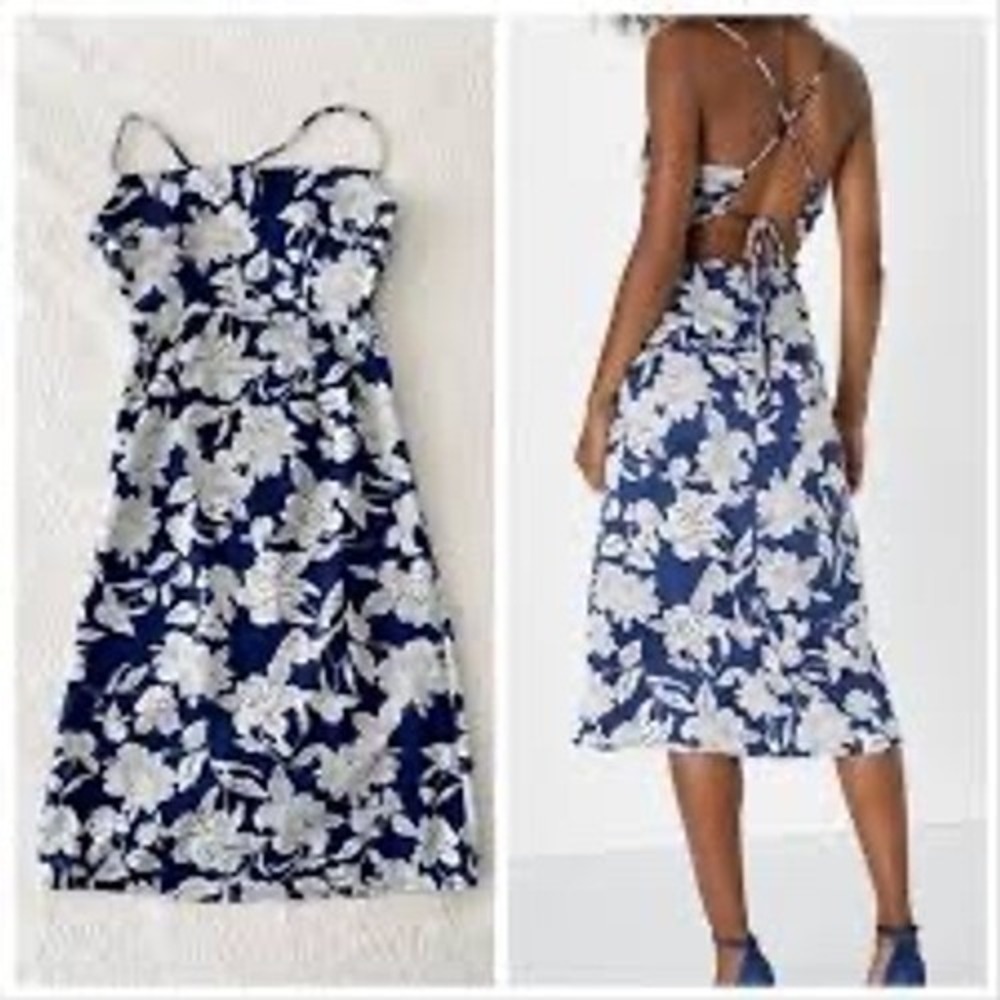 Lulus elevated strappy blue white floral dress strappy backless midi medium navy